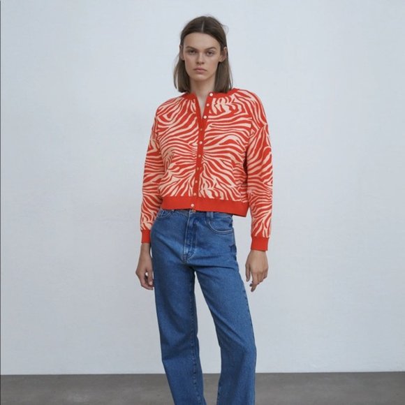 NWT Zara Zebra Orange Sweater Jacket Cardigan  Medium - Picture 6 of 12
